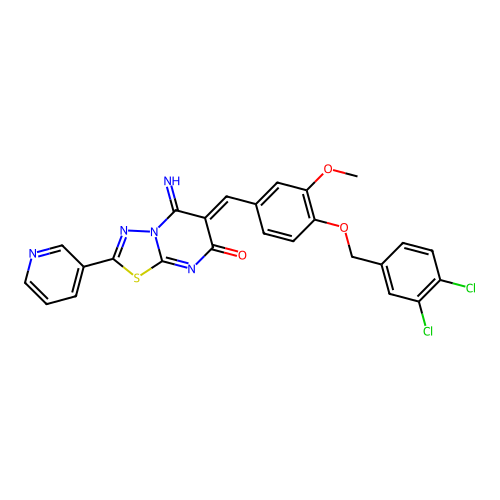 (6Z)-6-[[4-[(3,4-dichlorophenyl)methoxy]-3-methoxyphenyl]methylidene]-5-imino-2-pyridin-3-yl-[1,3,4]thiadiazolo[3,2-a]pyrimidin-7-one structure