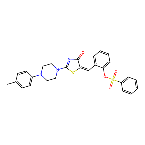 (E)-2-((4-oxo-2-(4-(p-tolyl)piperazin-1-yl)thiazol-5(4H)-ylidene)methyl)phenyl benzenesulfonate structure
