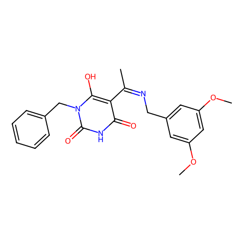 (Z)-1-benzyl-5-(1-((3,5-dimethoxybenzyl)amino)ethylidene)pyrimidine-2,4,6(1H,3H,5H)-trione structure