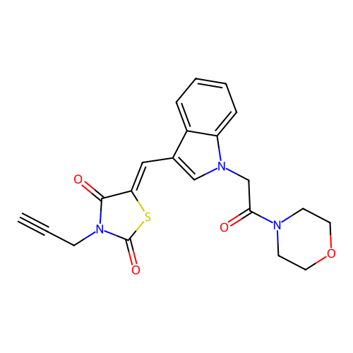 (5Z)-5-({1-[2-(morpholin-4-yl)-2-oxoethyl]-1H-indol-3-yl}methylidene)-3-(prop-2-yn-1-yl)-1,3-thiazolidine-2,4-dione structure