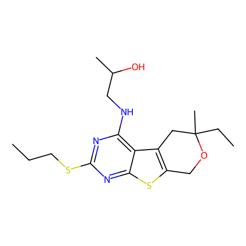 1-((6-ethyl-6-methyl-2-(propylthio)-6,8-dihydro-5H-pyrano[4',3':4,5]thieno[2,3-d]pyrimidin-4-yl)amino)propan-2-ol structure