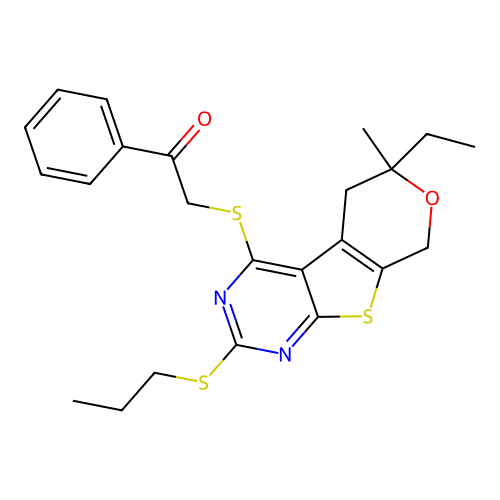 2-((6-ethyl-6-methyl-2-(propylthio)-6,8-dihydro-5H-pyrano[4',3':4,5]thieno[2,3-d]pyrimidin-4-yl)thio)-1-phenylethanone structure