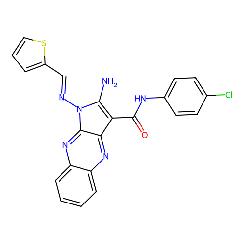 (E)-2-amino-N-(4-chlorophenyl)-1-((thiophen-2-ylmethylene)amino)-1H-pyrrolo[2,3-b]quinoxaline-3-carboxamide structure