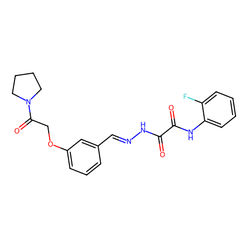 (E)-N-(2-fluorophenyl)-2-oxo-2-(2-(3-(2-oxo-2-(pyrrolidin-1-yl)ethoxy)benzylidene)hydrazinyl)acetamide structure