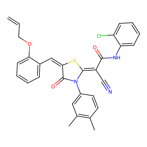 (2Z)-N-(2-chlorophenyl)-2-cyano-2-[(5E)-3-(3,4-dimethylphenyl)-4-oxo-5-[(2-prop-2-enoxyphenyl)methylidene]-1,3-thiazolidin-2-ylidene]acetamide structure