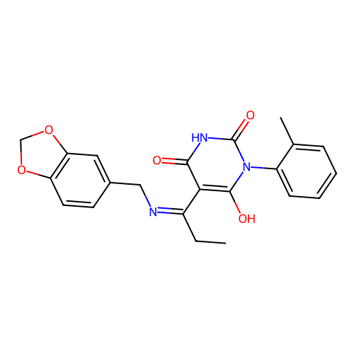 (5E)-5-{1-[(1,3-benzodioxol-5-ylmethyl)amino]propylidene}-6-hydroxy-3-(2-methylphenyl)pyrimidine-2,4(3H,5H)-dione structure
