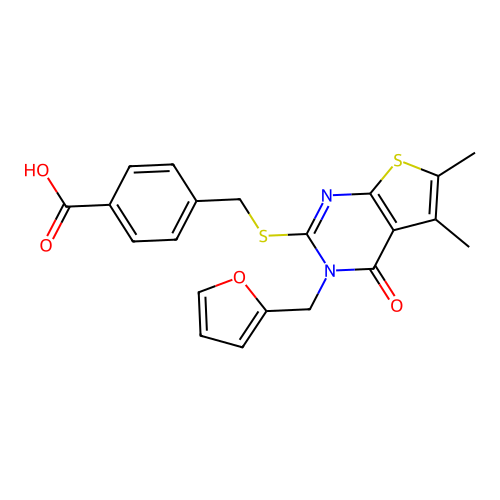 4-(((3-(furan-2-ylmethyl)-5,6-dimethyl-4-oxo-3,4-dihydrothieno[2,3-d]pyrimidin-2-yl)thio)methyl)benzoic acid structure