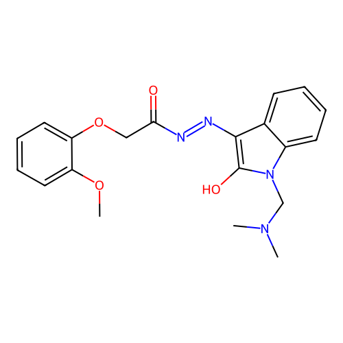N-[(E)-[1-(dimethylaminomethyl)-2-oxoindol-3-ylidene]amino]-2-(2-methoxyphenoxy)acetamide structure