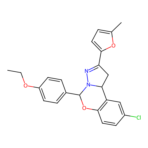1-[2-chloro-9-(5-methyl(2-furyl))(6H,10aH-benzo[e]2-pyrazolino[1,5-c]1,3-oxazi n-6-yl)]-4-ethoxybenzene structure