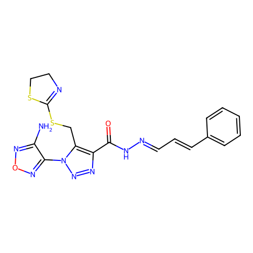 (E)-1-(4-amino-1,2,5-oxadiazol-3-yl)-5-(((4,5-dihydrothiazol-2-yl)thio)methyl)-N'-((E)-3-phenylallylidene)-1H-1,2,3-triazole-4-carbohydrazide structure