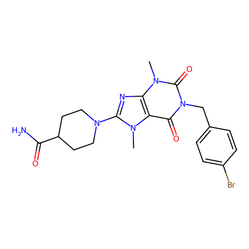 1-[1-[(4-bromophenyl)methyl]-3,7-dimethyl-2,6-dioxopurin-8-yl]piperidine-4-carboxamide structure