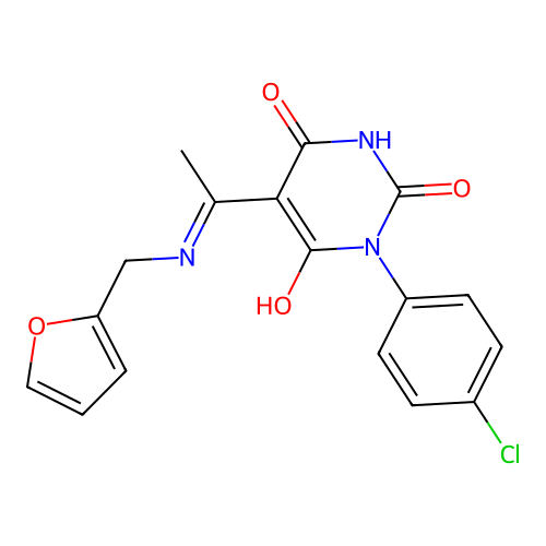 (Z)-1-(4-chlorophenyl)-5-(1-((furan-2-ylmethyl)amino)ethylidene)pyrimidine-2,4,6(1H,3H,5H)-trione structure