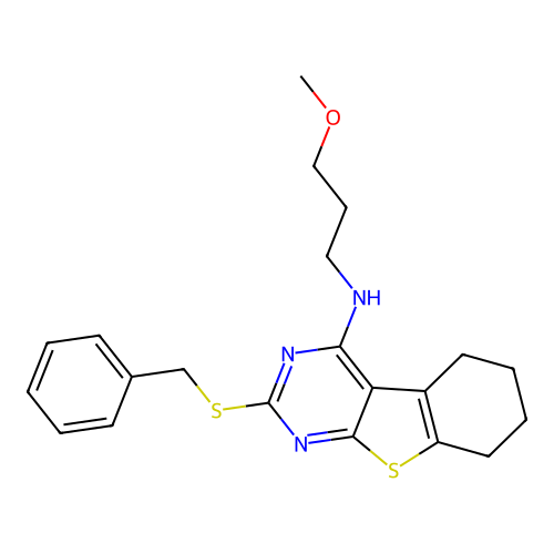 2-(benzylsulfanyl)-N-(3-methoxypropyl)-5,6,7,8-tetrahydro[1]benzothieno[2,3-d]pyrimidin-4-amine structure