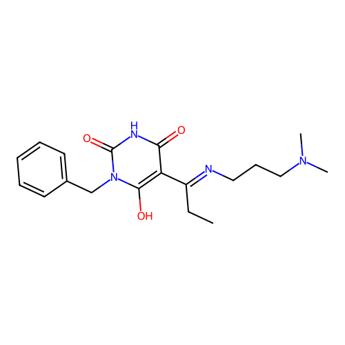 (5E)-1-benzyl-5-[1-[3-(dimethylamino)propylamino]propylidene]-1,3-diazinane-2,4,6-trione structure
