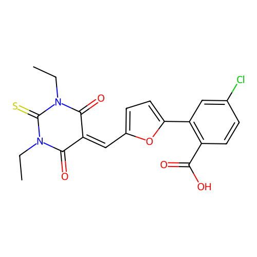 4-chloro-2-(5-((1,3-diethyl-4,6-dioxo-2-thioxotetrahydropyrimidin-5(2H)-ylidene)methyl)furan-2-yl)benzoic acid structure
