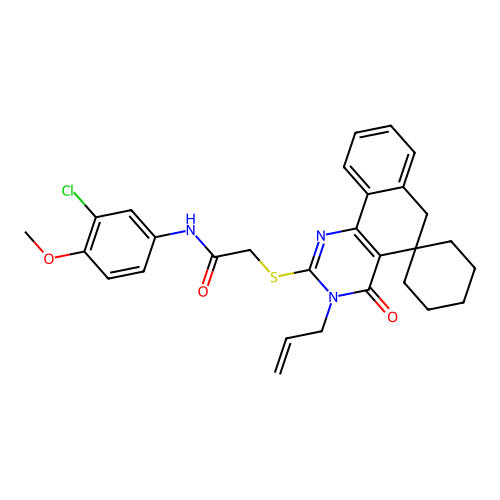 2-((3-allyl-4-oxo-4,6-dihydro-3H-spiro[benzo[h]quinazoline-5,1'-cyclohexan]-2-yl)thio)-N-(3-chloro-4-methoxyphenyl)acetamide structure