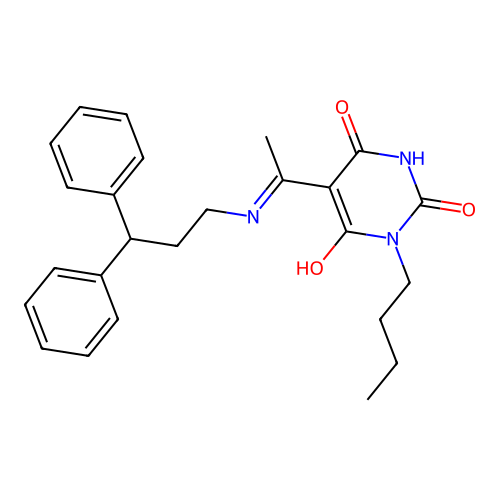1-butyl-5-[1-(3,3-diphenylpropylamino)ethylidene]-1,3-diazinane-2,4,6-trione structure