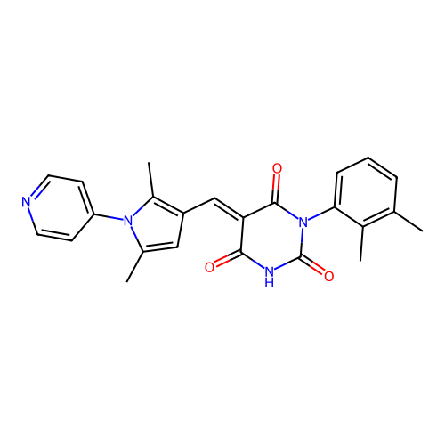 (5E)-1-(2,3-dimethylphenyl)-5-{[2,5-dimethyl-1-(pyridin-4-yl)-1H-pyrrol-3-yl]methylidene}pyrimidine-2,4,6(1H,3H,5H)-trione structure