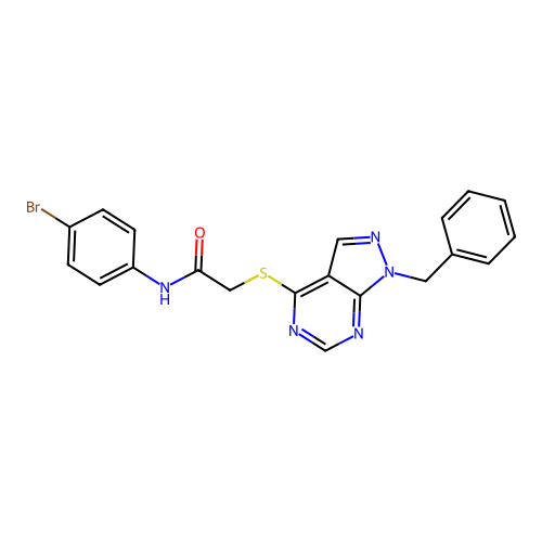 2-((1-benzyl-1H-pyrazolo[3,4-d]pyrimidin-4-yl)thio)-N-(4-bromophenyl)acetamide structure
