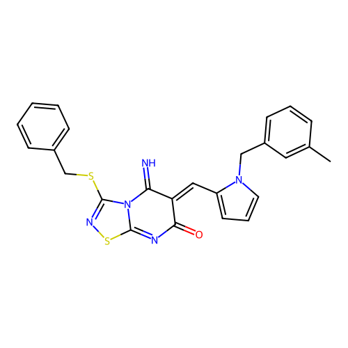 (6Z)-3-(benzylsulfanyl)-5-imino-6-{[1-(3-methylbenzyl)-1H-pyrrol-2-yl]methylidene}-5,6-dihydro-7H-[1,2,4]thiadiazolo[4,5-a]pyrimidin-7-one structure