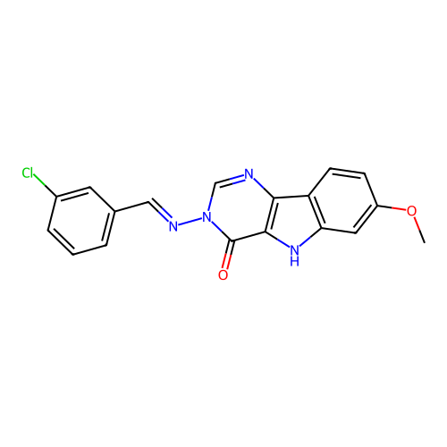 (E)-3-((3-chlorobenzylidene)amino)-7-methoxy-3H-pyrimido[5,4-b]indol-4(5H)-one structure