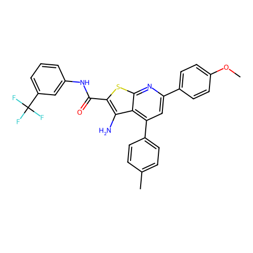 3-amino-6-(4-methoxyphenyl)-4-(4-methylphenyl)-N-[3-(trifluoromethyl)phenyl]thieno[2,3-b]pyridine-2-carboxamide structure