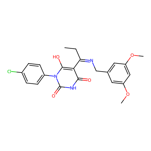 1-(4-chlorophenyl)-5-[1-[(3,5-dimethoxyphenyl)methylamino]propylidene]-1,3-diazinane-2,4,6-trione structure