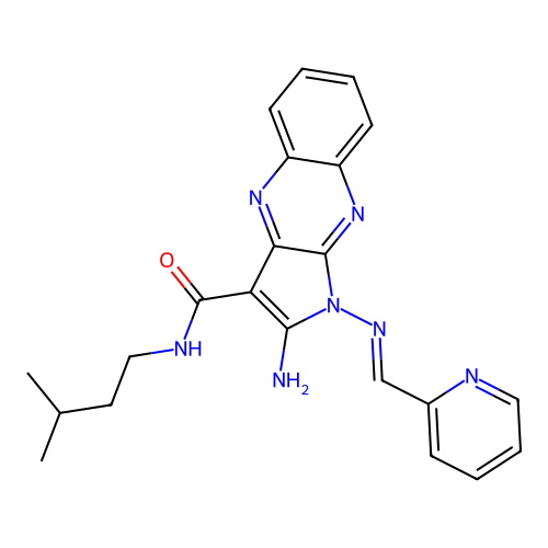 (E)-2-amino-N-isopentyl-1-((pyridin-2-ylmethylene)amino)-1H-pyrrolo[2,3-b]quinoxaline-3-carboxamide structure