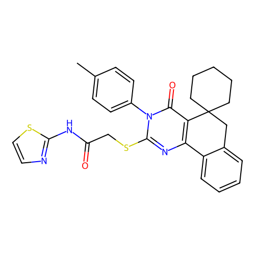 2-((4-oxo-3-(p-tolyl)-4,6-dihydro-3H-spiro[benzo[h]quinazoline-5,1'-cyclohexan]-2-yl)thio)-N-(thiazol-2-yl)acetamide structure
