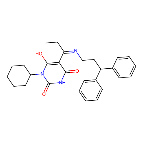1-cyclohexyl-5-[1-(3,3-diphenylpropylamino)propylidene]-1,3-diazinane-2,4,6-trione structure