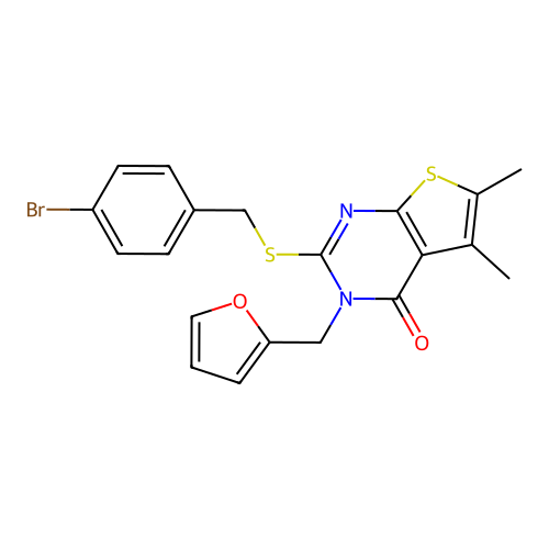 2-((4-bromobenzyl)thio)-3-(furan-2-ylmethyl)-5,6-dimethylthieno[2,3-d]pyrimidin-4(3H)-one structure