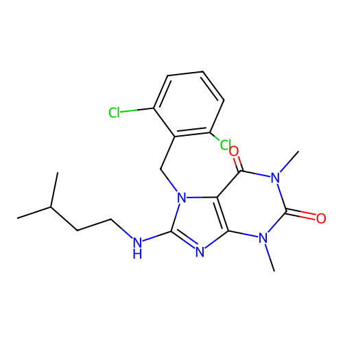 7-[(2,6-dichlorophenyl)methyl]-1,3-dimethyl-8-(3-methylbutylamino)purine-2,6-dione structure