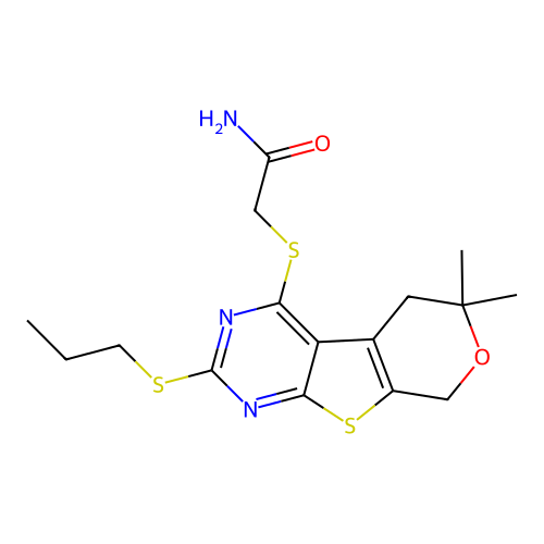 2-((6,6-dimethyl-2-(propylthio)-6,8-dihydro-5H-pyrano[4',3':4,5]thieno[2,3-d]pyrimidin-4-yl)thio)acetamide structure