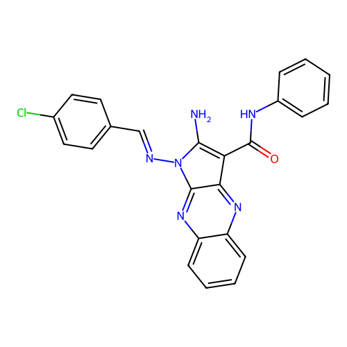 (E)-2-amino-1-((4-chlorobenzylidene)amino)-N-phenyl-1H-pyrrolo[2,3-b]quinoxaline-3-carboxamide structure