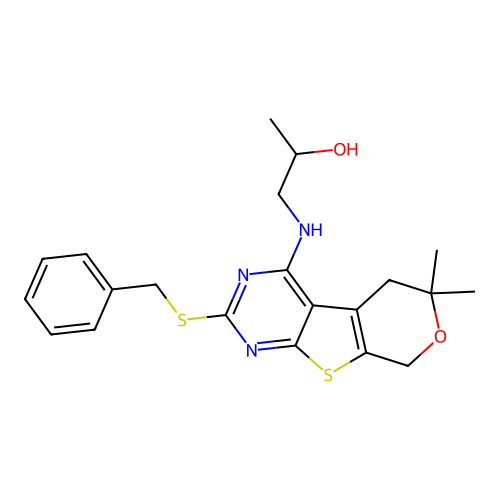 1-((2-(benzylthio)-6,6-dimethyl-6,8-dihydro-5H-pyrano[4',3':4,5]thieno[2,3-d]pyrimidin-4-yl)amino)propan-2-ol structure