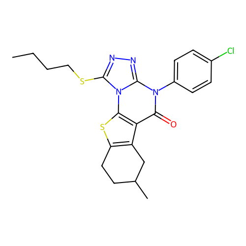 1-(butylsulfanyl)-4-(4-chlorophenyl)-7-methyl-6,7,8,9-tetrahydro[1]benzothieno[3,2-e][1,2,4]triazolo[4,3-a]pyrimidin-5(4H)-one structure