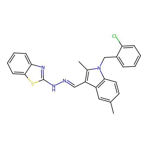 (2Z)-2-[(2E)-{[1-(2-chlorobenzyl)-2,5-dimethyl-1H-indol-3-yl]methylidene}hydrazinylidene]-2,3-dihydro-1,3-benzothiazole structure