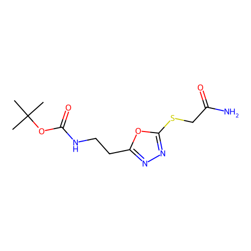tert-butyl (2-(5-((2-amino-2-oxoethyl)thio)-1,3,4-oxadiazol-2-yl)ethyl)carbamate structure
