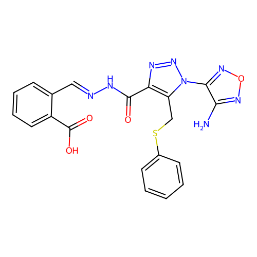 (E)-2-((2-(1-(4-amino-1,2,5-oxadiazol-3-yl)-5-((phenylthio)methyl)-1H-1,2,3-triazole-4-carbonyl)hydrazono)methyl)benzoic acid structure