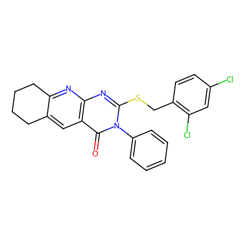 2-((2,4-dichlorobenzyl)thio)-3-phenyl-6,7,8,9-tetrahydropyrimido[4,5-b]quinolin-4(3H)-one structure