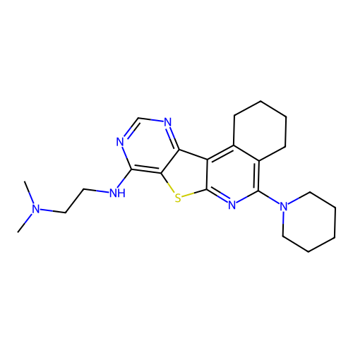 N,N-dimethyl-N'-[5-(piperidin-1-yl)-1,2,3,4-tetrahydropyrimido[4',5':4,5]thieno[2,3-c]isoquinolin-8-yl]ethane-1,2-diamine structure
