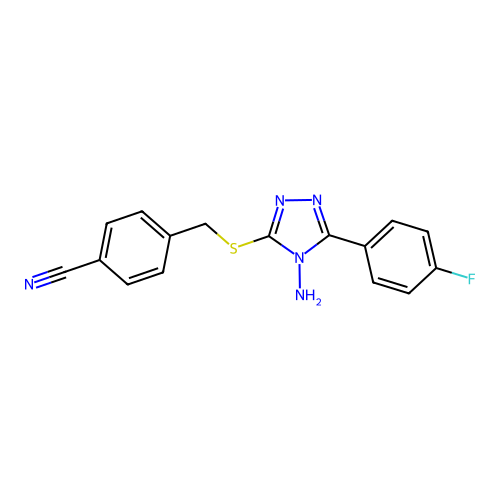 4-(((4-amino-5-(4-fluorophenyl)-4H-1,2,4-triazol-3-yl)thio)methyl)benzonitrile structure