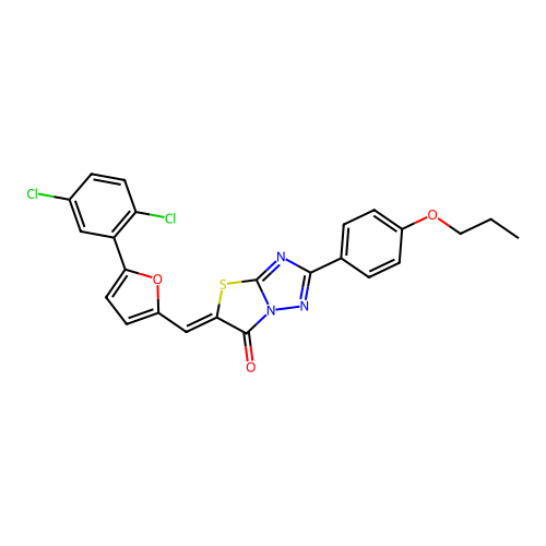 (5Z)-5-[[5-(2,5-dichlorophenyl)furan-2-yl]methylidene]-2-(4-propoxyphenyl)-[1,3]thiazolo[3,2-b][1,2,4]triazol-6-one structure