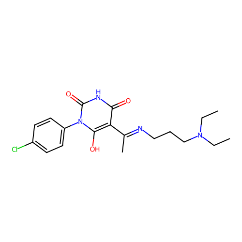 1-(4-chlorophenyl)-5-[1-(3-diethylaminopropylamino)ethylidene]-1,3-diazinane-2,4,6-trione structure