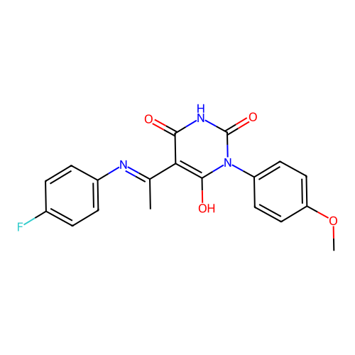 (Z)-5-(1-((4-fluorophenyl)amino)ethylidene)-1-(4-methoxyphenyl)pyrimidine-2,4,6(1H,3H,5H)-trione structure