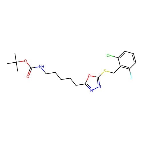 tert-butyl N-[5-[5-[(2-chloro-6-fluorophenyl)methylsulfanyl]-1,3,4-oxadiazol-2-yl]pentyl]carbamate structure