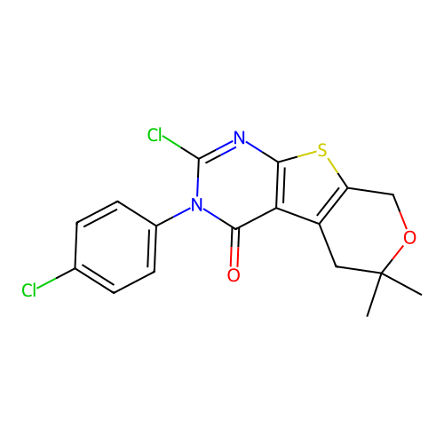 2-chloro-3-(4-chlorophenyl)-6,6-dimethyl-3,5,6,8-tetrahydro-4H-pyrano[4',3':4,5]thieno[2,3-d]pyrimidin-4-one structure