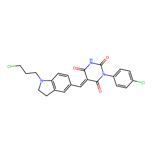(5E)-1-(4-chlorophenyl)-5-[[1-(3-chloropropyl)-2,3-dihydroindol-5-yl]methylidene]-1,3-diazinane-2,4,6-trione structure