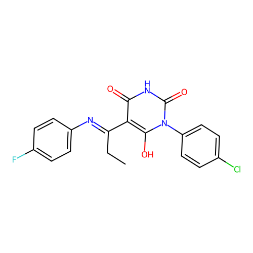 (E)-1-(4-chlorophenyl)-5-(1-((4-fluorophenyl)amino)propylidene)pyrimidine-2,4,6(1H,3H,5H)-trione structure