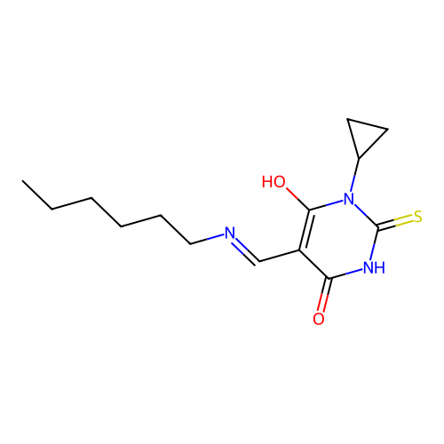 1-cyclopropyl-5-[(hexylamino)methylidene]-2-sulfanylidene-1,3-diazinane-4,6-dione structure